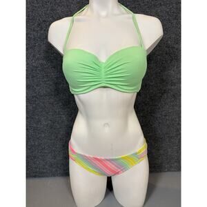 Victoria’s Secret Swimsuit Set –Green Bandeau Halter Top & Neon Striped Bottom M